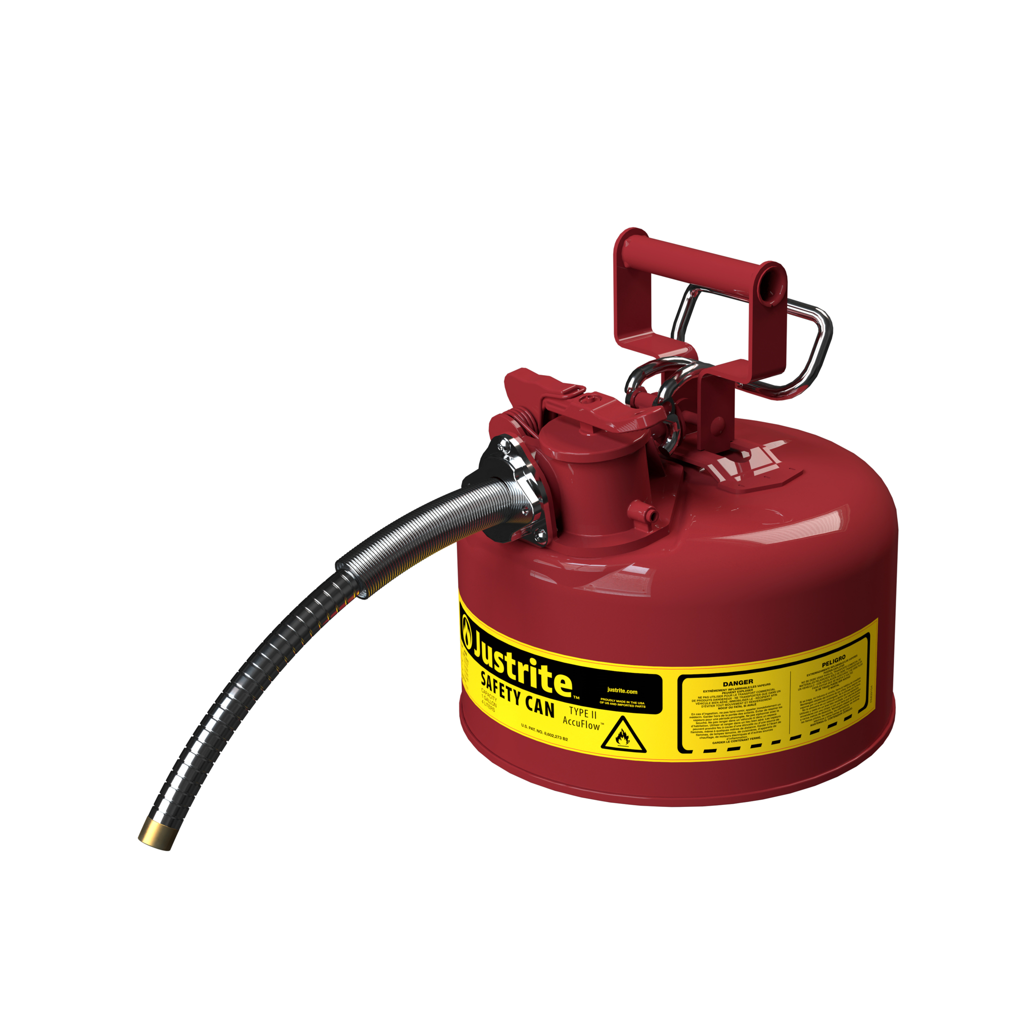 Justrite Safety Gas Can — 1-Gallon, Vented, Safe-Squeeze Trigger, Flexible Metal Hose, Red, Model# 7210120